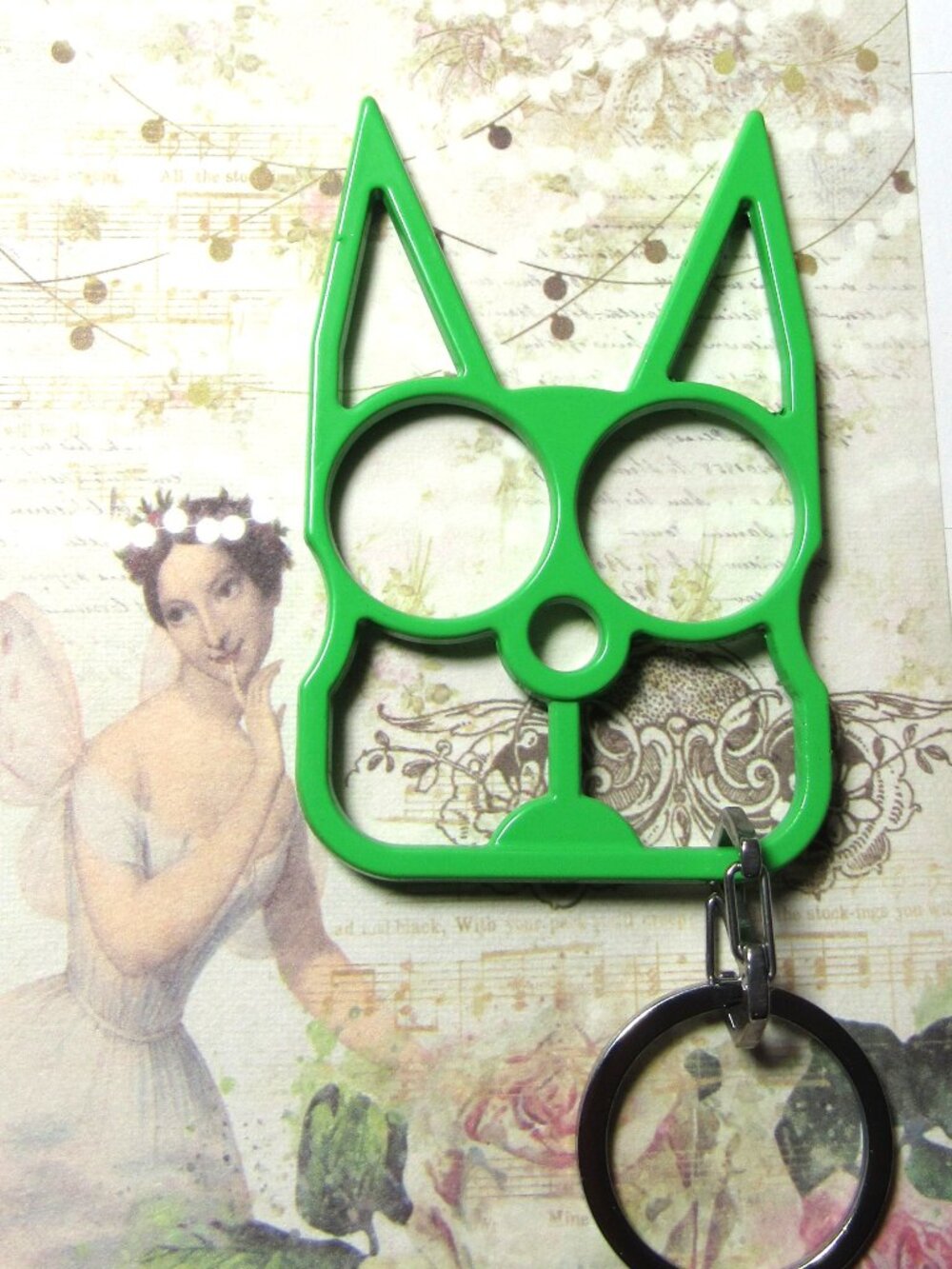 SELF DEFENSE STEEL KITTY EAR KEY CHAIN 4" GREEN - Picture 2 of 7